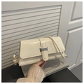 Chic beige rectangular shoulder bag with glossy finish and silver H-shaped buckle - White