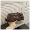 Minimalist dark brown high-gloss leather shoulder bag with rectangular silver buckle - Brown