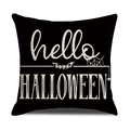 Detalle de funda de cojín de lino para Halloween con texto Hello Halloween y tela de araña - Estilo Letras Hello Halloween Murciélago (23YM132-1)