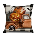 Vista detallada de funda de almohada de lino para Halloween con estampado de camión y calabaza - Estilo Camión Vintage Calabaza (23YM132-2)