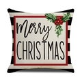 Détail de la housse de coussin de Noël en lin avec texte Merry Christmas et houx - Cadre Rouge Rayures Merry Christmas (23YM135-1)