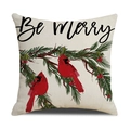 Détail de la housse de coussin en lin avec oiseaux rouges et texte Be Merry - Cardinaux Be Merry (23YM135-2)