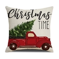 Détail du camion de Noël rouge et du sapin sur la housse de coussin en lin texturé - Camion Rouge Christmas TIME (23YM135-3)