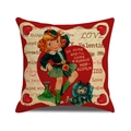 Vintage European style square linen pillow case with red scalloped edges and cat illustration - 45x45cm (Single Cover) / Plaid Skirt Girl Style (YMV46-4)