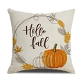 Primer plano del estampado Hello Fall en funda de lino con calabaza y guirnalda - 45cmx45cm / Estilo Corona de Calabaza (23YM134-1)