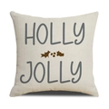 Detail von Holly Jolly Text und Stechpalmen-Druck auf Kissenbezug aus Baumwollleinen - Holly Jolly Beige Stil (23YM142-2)