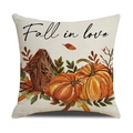 Linen pumpkin throw pillow cover with Fall in love text for autumn home decor - Square / Pumpkin and Birdhouse Style (23YM146-1)