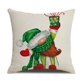 Close-up of linen Christmas pillowcase featuring a festive gnome and holiday gift - Beige Gnome With Green Hat Style (23YM141-3)