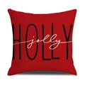 Detailed view of red linen Christmas pillowcase with HOLLY jolly printed festive text - Red HOLLY Jolly Letter Style (23YM141-2)