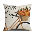 Linen autumn pumpkin pillow cover with vintage bicycle and Hello Pumpkin print - Square / Beige Bicycle Pumpkin Style (23YM146-3)