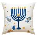 Hanukkah Kissenbezug aus Leinen mit Menora und Davidstern Motiven in Blau und Gold - Klassische Menora und Festive Elemente Stil (23YM170-4)