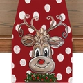 Close-up of a red linen Christmas table runner featuring a reindeer and snowflake pattern - Red-Nosed Reindeer with Wreath (23ZQ8-6) / 33X180cm