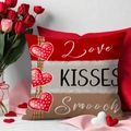 Fodera per cuscino in lino di San Valentino con cuori e scritta Love KISSES Smooch - 45x45cm(Solo Fodera) / Stile Cuori Appesi (YMV21-2)
