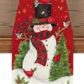 Festive Christmas table runner with snowman, red cardinals and snowflake pattern - Plaid Hat Snowman Red Bird (23ZQ8-2) / 33X180cm