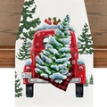 Detail of Christmas table runner with retro red truck and snowy pine trees design - Red Vintage Pickup Truck with Tree (23ZQ8-3) / 33X180cm