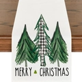 Detail of white Christmas table runner with hand-drawn trees and Merry Christmas text - Three Christmas Trees with Greetings (23ZQ8-4) / 33X180cm