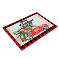 Close-up of linen Christmas placemat with red truck, tree, and buffalo plaid pattern - Red Truck Christmas Tree (23CD2-12)