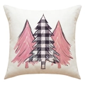 Housse de coussin de Noël en lin avec arbres à carreaux noirs et roses - Style Sapins de Noël (23YM174-1) / Blanc