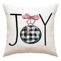 Détail d'une taie d'oreiller de Noël en lin avec texte JOY et nœud papillon rose - Style Décor de Lettre JOY (23YM174-2) / Blanc Cassé