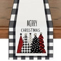 Detail eines Weihnachts-Tischläufers mit Merry Christmas Text und karierten Bäumen - Schwarz-Weiß Karierter Rand Weihnachtsbaum (23ZQ8-8) / 33X180cm