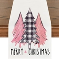Dettaglio di runner natalizio bianco con alberi rosa e scritta Merry Christmas - Albero di Natale a Quadri (23ZQ9-3)
