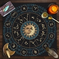 Détail du tapis de tarot avec signes du zodiaque dorés et motif céleste lune et soleil - Astrolabe Soleil Lune (ZB1-7) / Peluche courte 49*49