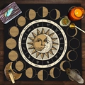 Velvet Tarot altar cloth with zodiac signs and moon phases on dark wood table - Sun Moon Star Map (ZB1-14)