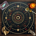 Detailed top view of a black tarot tablecloth with gold star patterns and spiritual items - Red Star Astrology (ZB1-3)