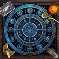 Top view of a round altar cloth with celestial patterns on a dark wooden table - Deep Blue Star Nebula (ZB1-5)