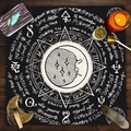 Close-up of black velvet tarot cloth with mystical sun, moon, and astrological symbols - Sun Moon Face (ZB1-16)