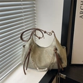 Vintage sage green washed canvas tote bag with chain strap and retro minimalist style - Green
