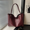 Large burgundy tote bag with faux crocodile pattern texture for women daily commuting - Red