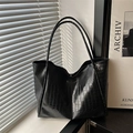 Black crocodile embossed leather tote bag with large capacity and double straps - Black