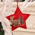 Star-shaped red fabric Christmas ornament with wooden reindeer and pine embroidery - Red Star