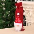 Christmas gnome wine bottle cover in red burlap with snowflake hat for festive table decor - Red