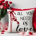 Linen Valentine cushion cover with red heart key and 'All you need is love' print - Beige All You Need Is Love Style (YMV2-1)