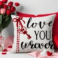 Linen Valentine cushion cover with Love You Forever print and red key graphics - Beige Love You Forever Style (YMV2-4)