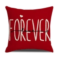 Macro detail of red linen pillowcase with white FOREVER and black love printed text - Red Heart Forever Love (YMV19-2)