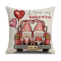 Detail view of gnome valentine design on linen throw pillow cover with truck print - Pillowcase Only / Red Truck Gnome Style (YMV18-4) / 18x18 Inch