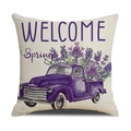 Detail der Leinenkissenhülle mit Lavendel-Truck-Druck und Welcome Spring Text - Vintage LKW Lavendel (YMS6-1)