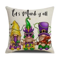 Square Mardi Gras gnome pillow case with Let's Mardi y'all text on linen fabric - Three Festive Gnomes Style (YMH2-2)