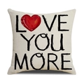 Linen cushion cover in beige featuring Love You More text with a red heart icon - Beige Red Heart LOVE Style (YMV10-6)