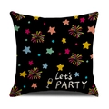 Dettaglio della federa Let's PARTY nera con motivi colorati di fuochi d'artificio e stelle - Stile Slogan Let's Party (YMX12-3)