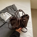 Retro dark brown pleated cloud handbag in glossy faux leather with crossbody strap - Brown