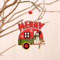 Christmas camper wood pendant with Merry text and snowman design for tree decor - Christmas Snowman Camper Style
