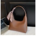 Brown leather crescent hobo bag with decorative scarf and fashion lettering handle - Brown