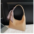 Camel leather hobo shoulder bag with a decorative silk scarf wrap and stamped logo - Khaki