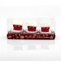 Set of three red Christmas house candles with snow roofs in a Merry Christmas gift box - Christmas Hut
