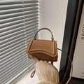 Chic camel faux leather small square handbag with elegant curved stitching details - Khaki