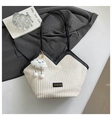 Detail of corduroy tote bag with black leather trim and white plush cloud charm - With Pendant / Off White